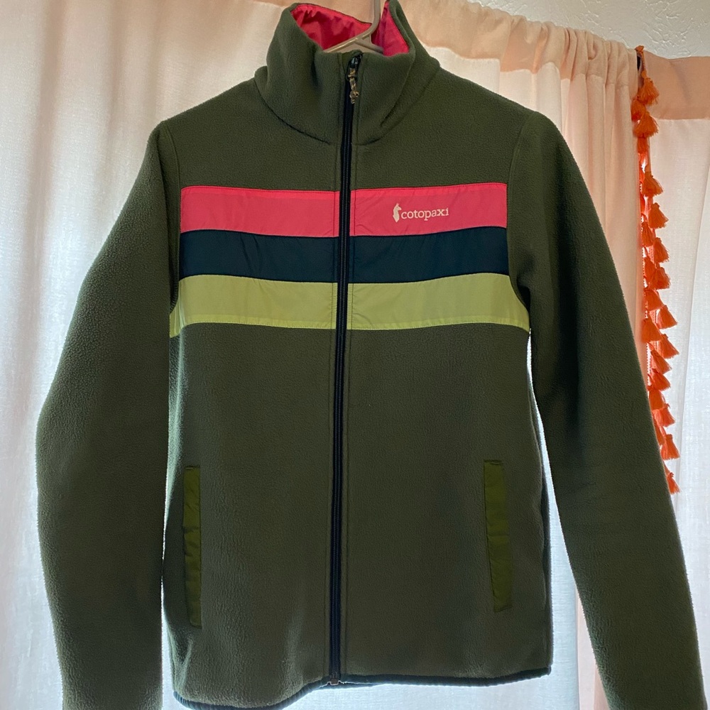 Cotopaxi Green Fleece Jacket with Pink, Navy, and Lime Stripes